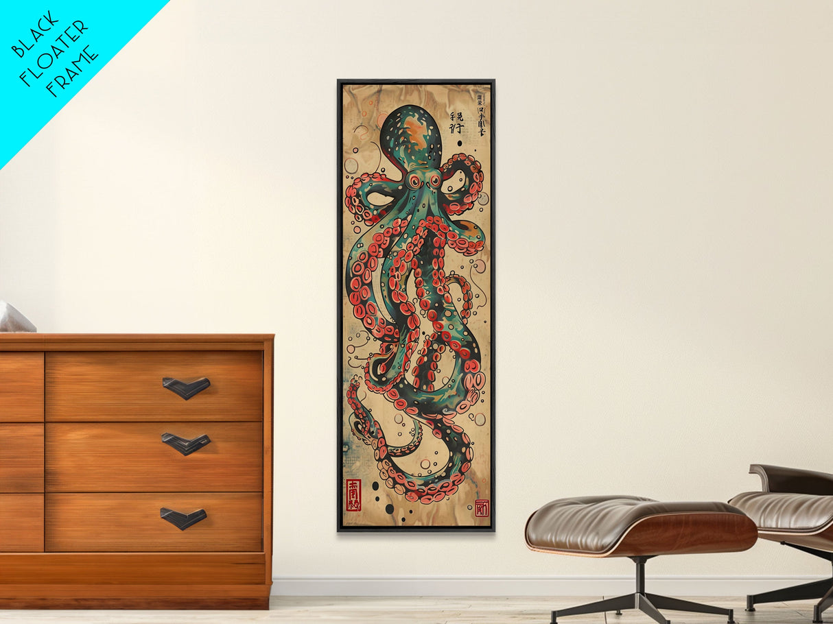 Vintage Canvas Print With Vibrant Octopus Design Ukiyo-e Wall Art Wood Block Print Tall Art Japanese Style Skinny Art