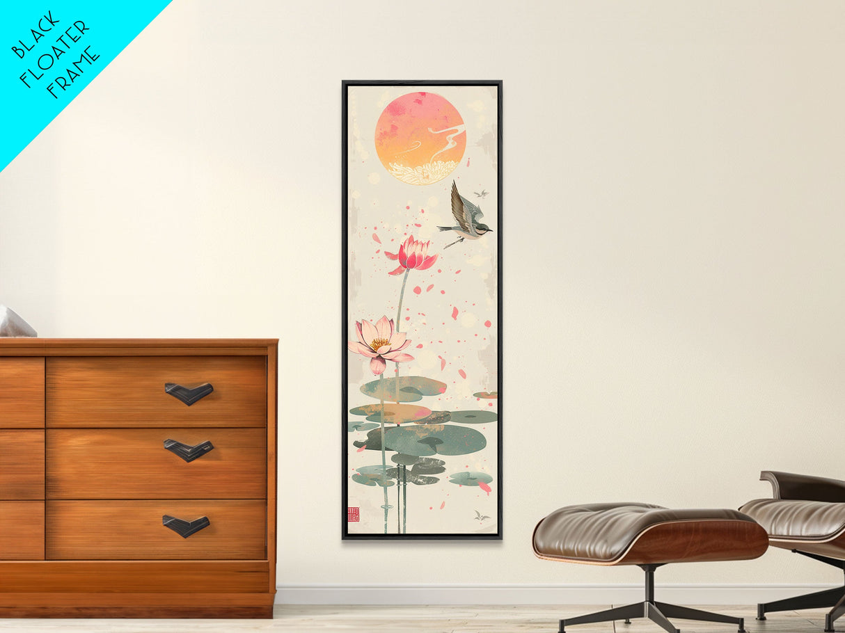 Autumn Maple Leaves Falling Tall Skinny Japanese Wall Art - Framed Canvas Print in Ukiyo-e Style