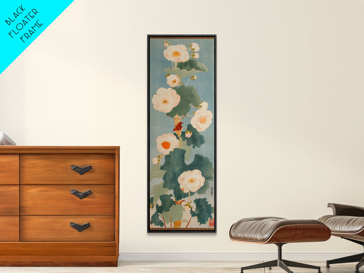 Tall White Blooms with Large Leaves on Blue Background, Framed Canvas Print in Japanese Art Style