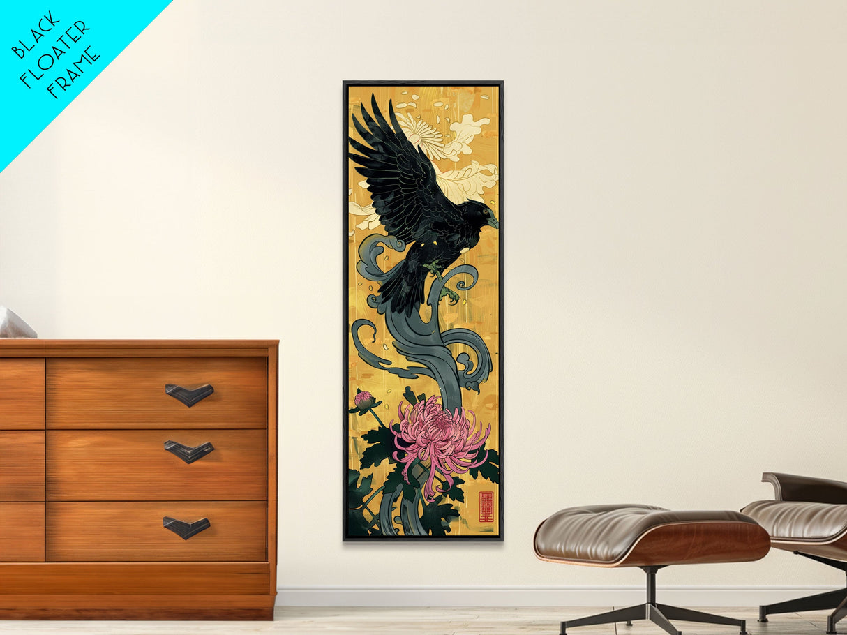 Canvas Print Japanese Eagle In Flight Over Chrysanthemum Flowers, Bold Traditional Art For Statement Wall Piece, Cultural Home Decor