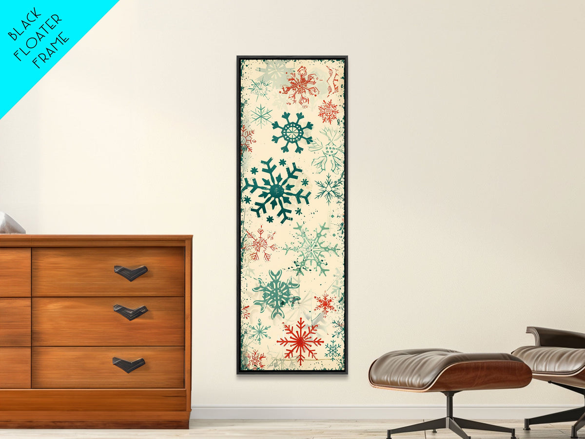 Snowflakes in Varied Sizes and Shapes Scattered on a Beige Canvas with a Distressed Texture Ukiyo-e Art Japanese Framed Canvas Print Skinny Tall Art