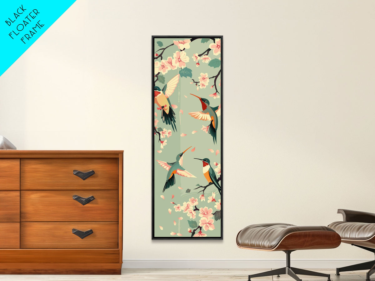 Hummingbirds And Cherry Blossoms In Japanese Style Canvas, Ukiyo-e Inspired Woodblock Art, Framed Canvas Print, Japanese Tall Skinny Wall Art, Ready To Hang