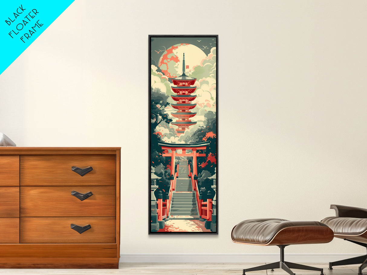 Japanese Style Art, Tall Art, Skinny Art, Pagoda Temple Wood Block Print Framed Canvas Print Ukiyo-e Art