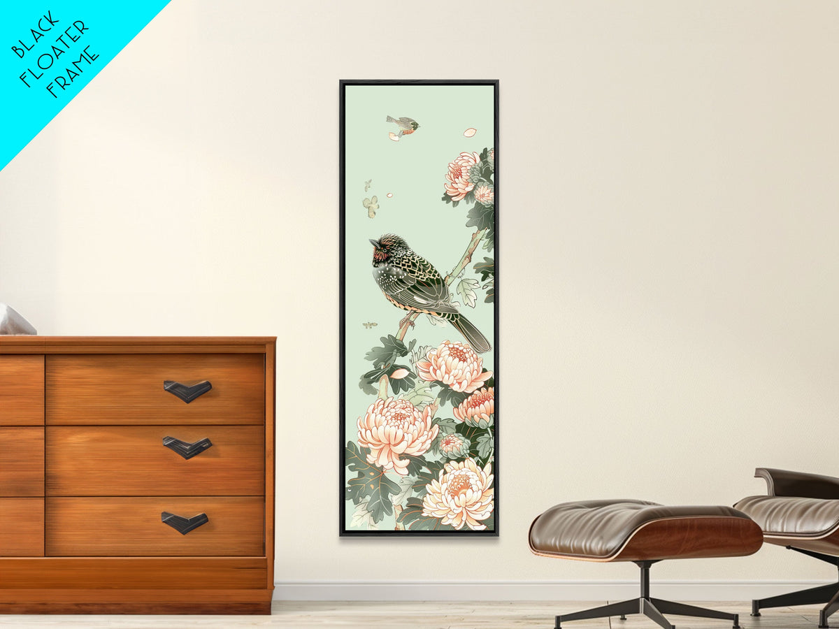 Japanese Style Art, Skinny Art, Tall Art, Birds And Chrysanthemums Wood Block Print Framed Canvas Print Ukiyo-e Art