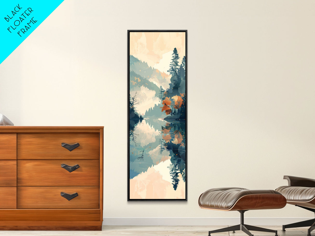 Ukiyo-e Art Depicting A Peaceful Lake Surrounded By Misty Mountains And Autumn Trees, Skinny Art, Tall Art, Framed Canvas Print, Japanese Style Art, Wood Block Print