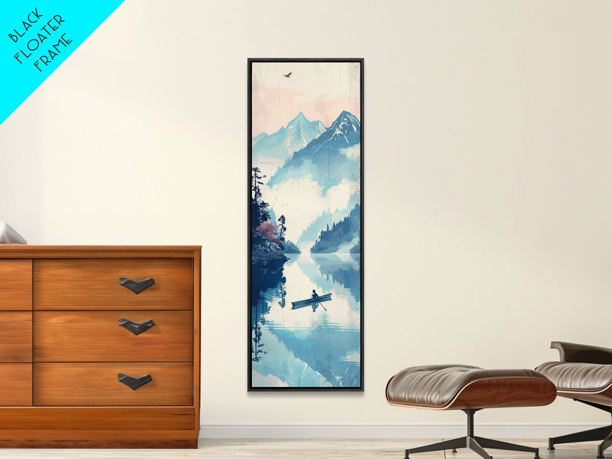 Serene Rowboat On A Misty Lake With Mountains – Framed Canvas Print Showcasing Skinny Art With Ukiyo-E Art And Japanese Style Art Tall Art
