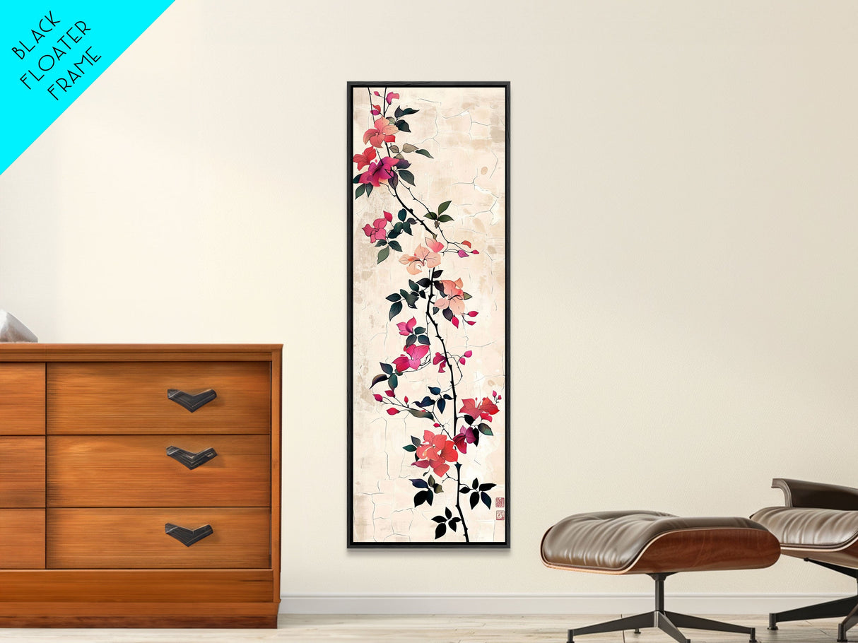 Pink Bougainvillea Vines On White Background Skinny Art Wood Block Print Japanese Style Art Framed Canvas Print Tall Art Ukiyo-e Art