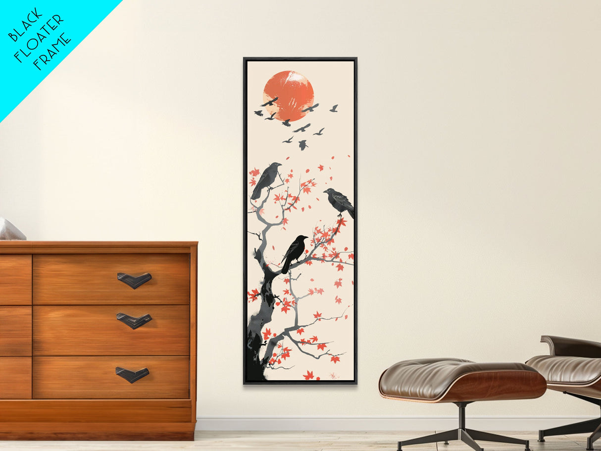 Crows On Bare Tree Branches Against Red Sun Skinny Art Wood Block Print Japanese Style Art Framed Canvas Print Tall Art Ukiyo-e Art