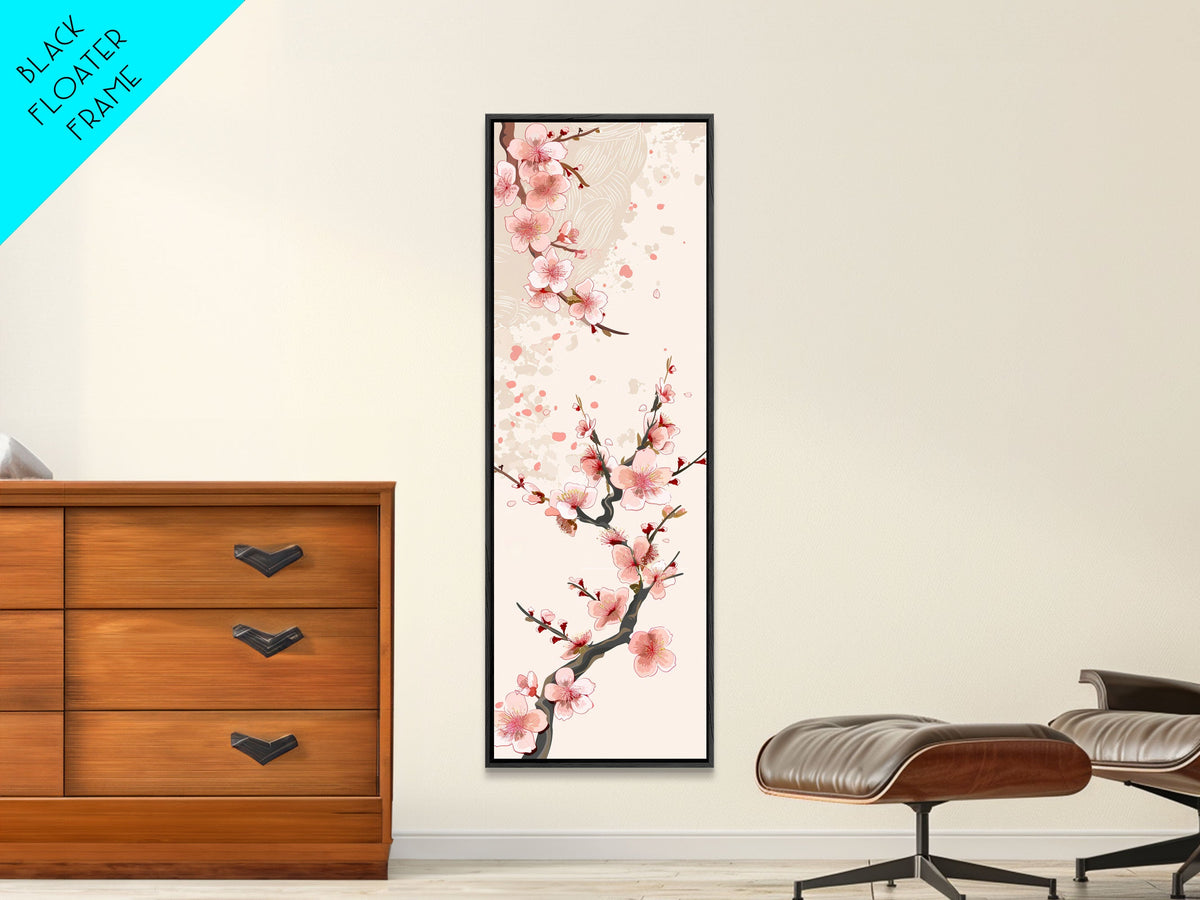 Cherry Blossom Branches On Canvas In Japanese Ukiyo-e Style, Traditional Woodblock Print, Framed Canvas Print, Tall Skinny Japanese Wall Art, Ready To Hang