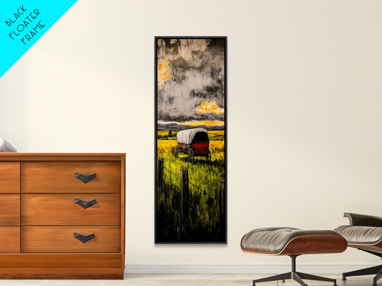 Scenic Prairie Wagon Art Framed Canvas Print, Rustic Decor, Farmhouse Art, Moody Art, Above Couch Art, Extra Wide Art