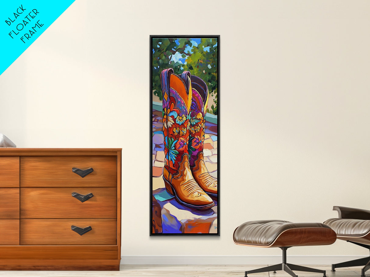 Western Cowboy Boots Art Framed Canvas Print, Rustic Wall Art, Coastal Cowgirl Wall Art, Moody Art, Whimsical Art, Gift Idea