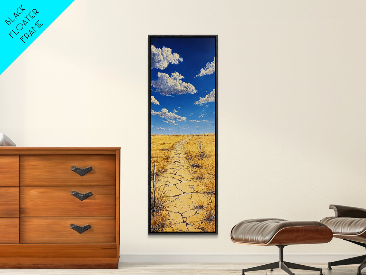 Golden Prairie Trail Framed Canvas Print rustic wall art, southwest wall art, landscape painting, farmhouse art, extra wide art, panoramic painting, above sofa art, wabi sabi art, Joshua tree art