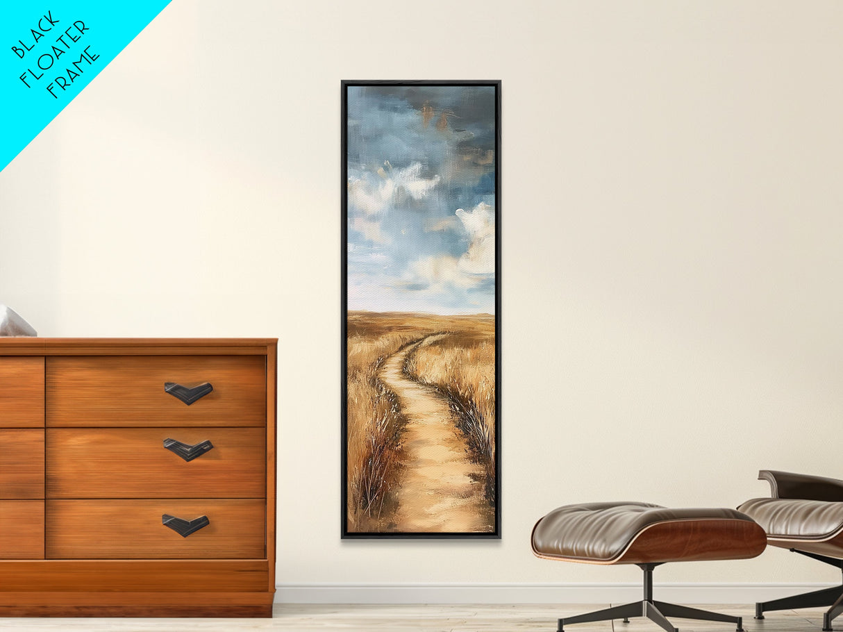 Serene Rural Path Framed Canvas Print landscape painting, farmhouse art, above couch art, rustic wall art, wabi sabi art, extra wide art, panoramic art, warm neutral wall art, barn landscape oil painting