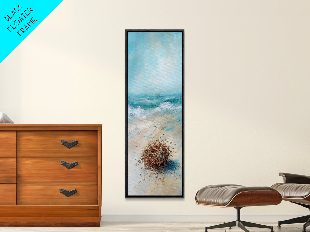 Serene Beach Nest Framed Canvas Print coastal landscape art wabi sabi wall art minimalist art nautical decor ocean painting seascape