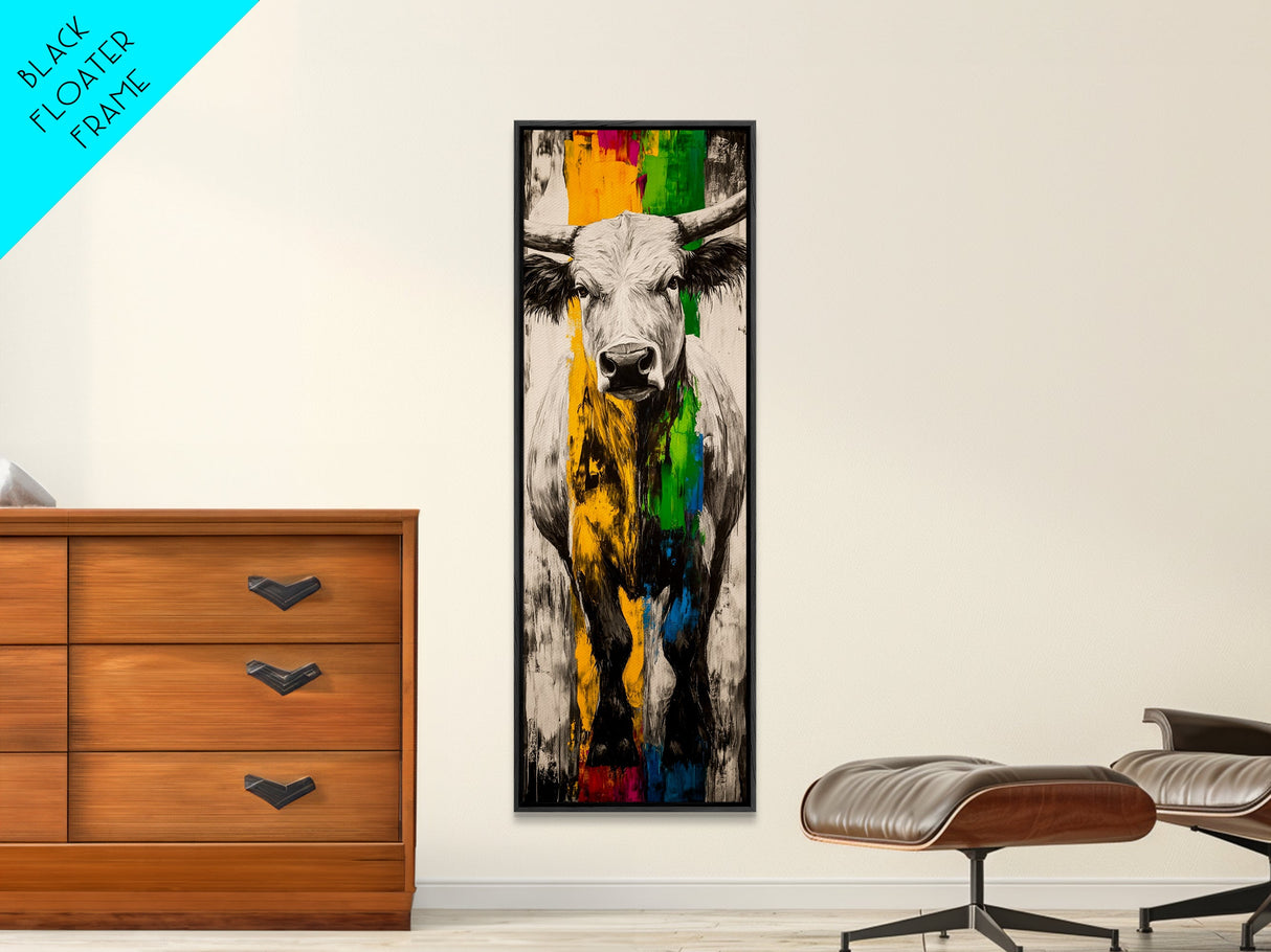 Colorful Bull Art Framed Canvas Print bull and bear art rustic decor farmhouse art southwest wall art geometric wall art extra wide art
