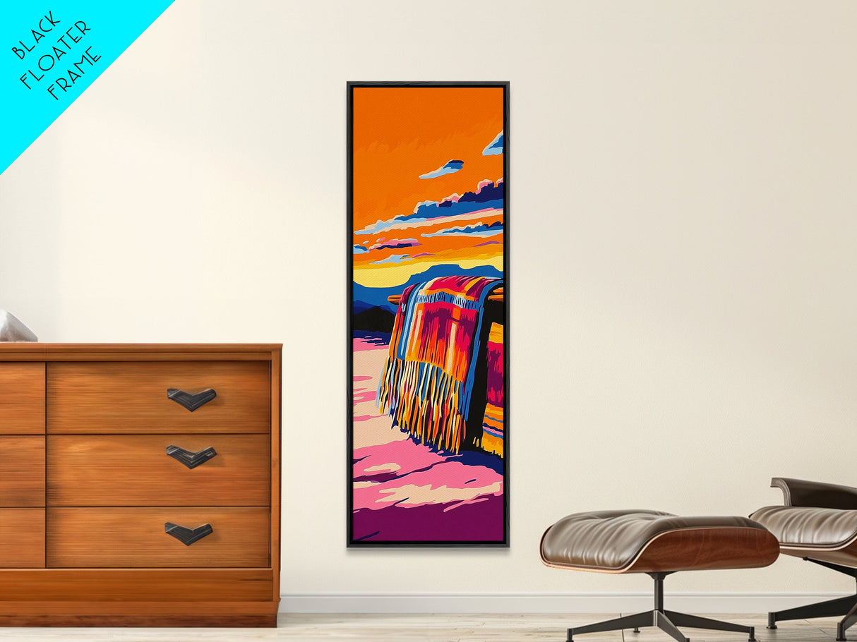 Boho Blanket at Sunset Framed Canvas Print southwest wall art warm sunset art boho art rustic decor gift idea for her