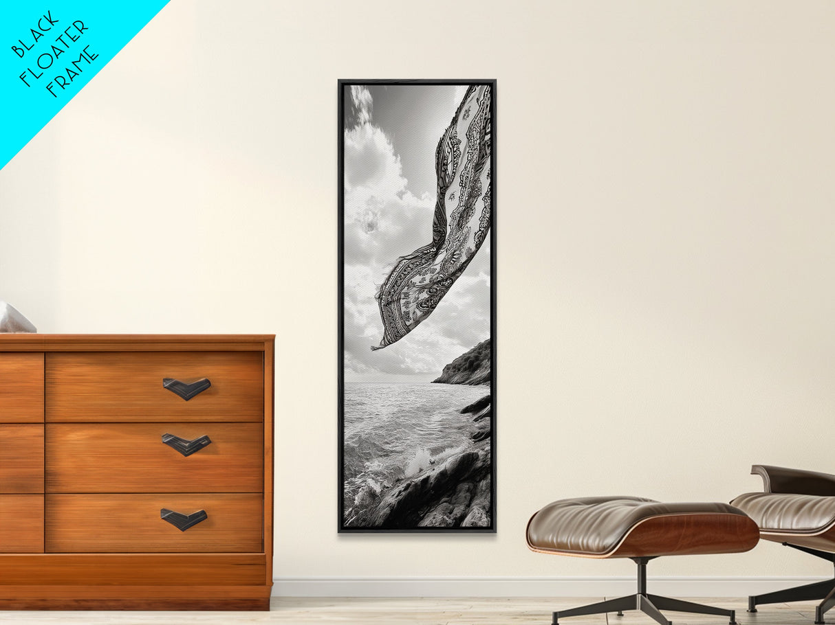 Flowing Fabric Over Ocean, Framed Canvas Print, wabi sabi art, coastal decor, boho art, minimalist art, above couch art, panoramic painting