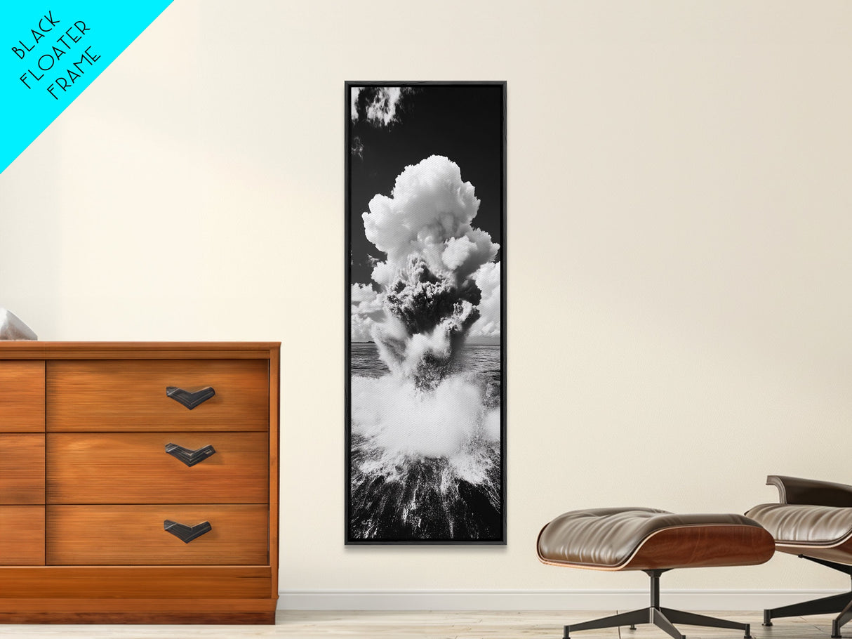 Explosive Ocean Wave, Framed Canvas Print, coastal décor, nautical painting, seascape painting, black and white photography, panoramic art