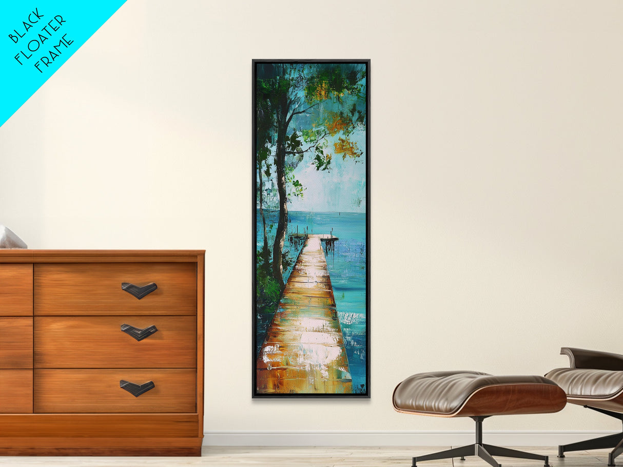Tranquil Lake Dock Landscape Painting Framed Canvas Print | Coastal Landscape Art | Nautical Wall Art | Lake Tahoe Art | Ocean Decor