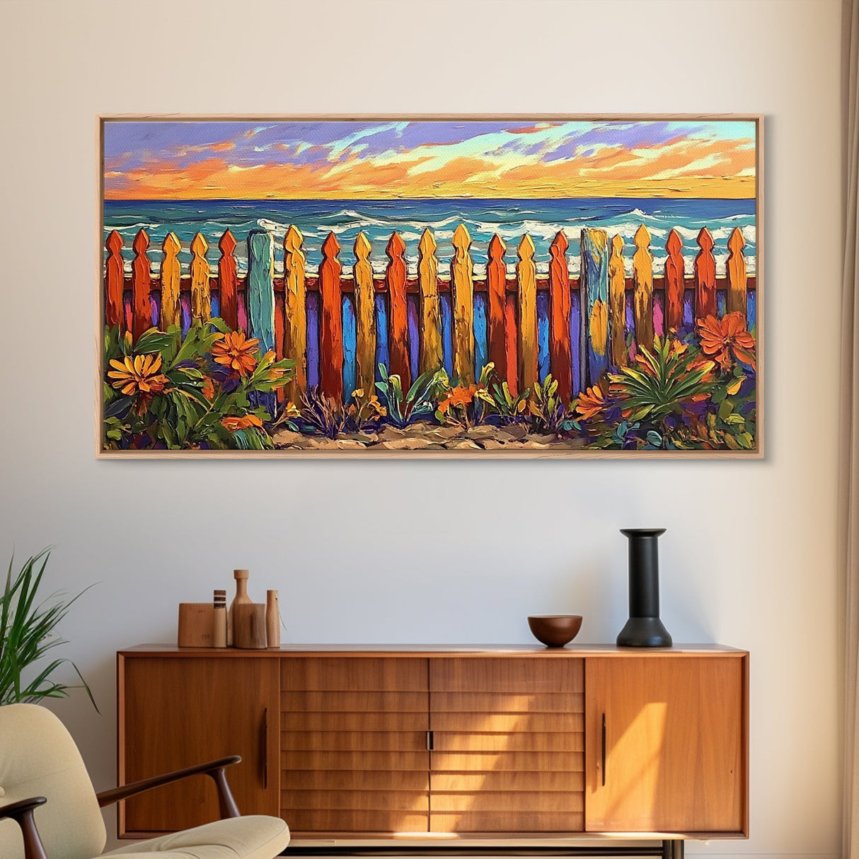 Vibrant Coastal Fence, beach decor, coastal landscape art, coastal wall art, nautical painting, extra wide art, framed canvas print