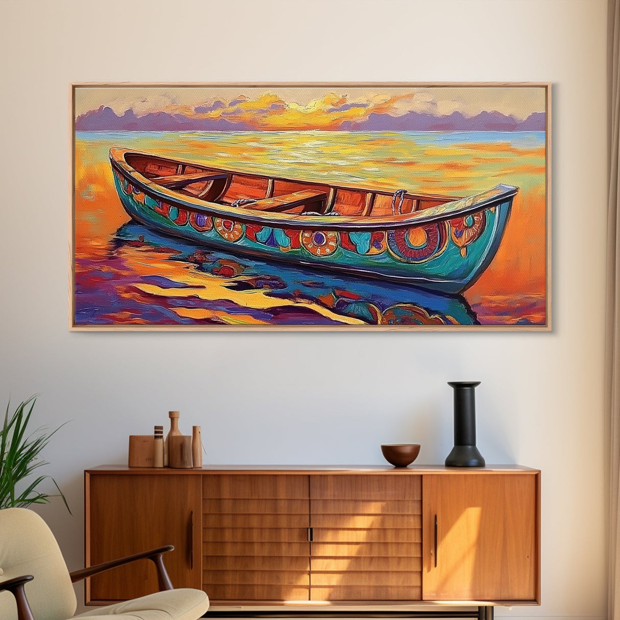 Sunset Canoe, seascape painting, coastal painting, nautical wall art, above sofa art, ocean decor, bright colors, Canvas Print