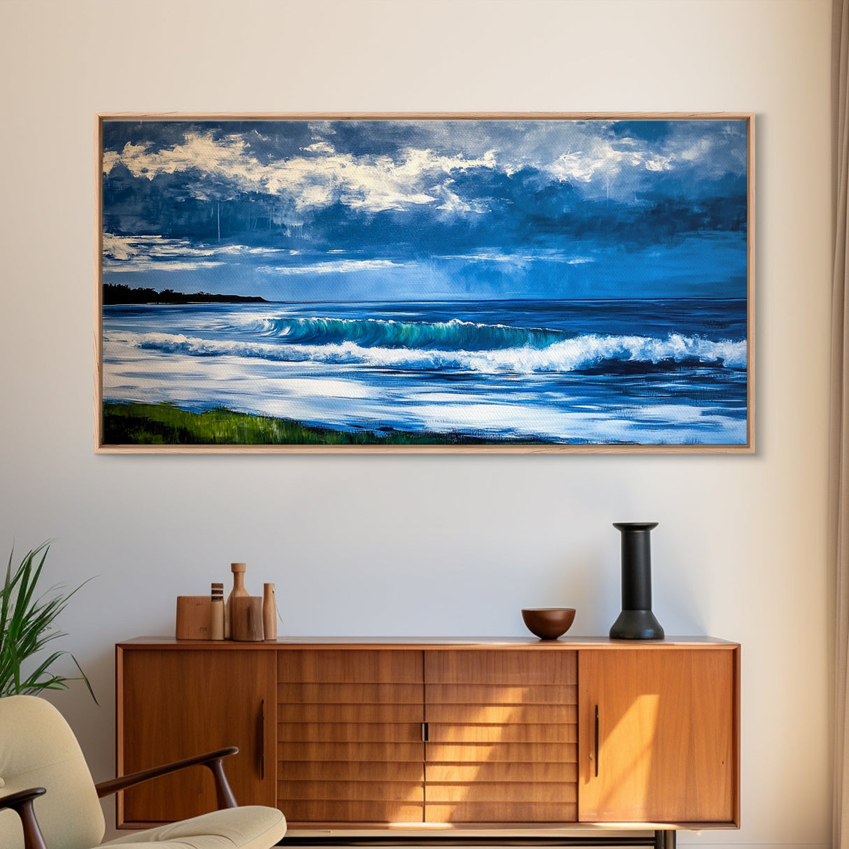 Ocean Waves, coastal decor, nautical painting, blue and green wall art, surf wall art, lake Tahoe art, Framed Canvas Print, panoramic art