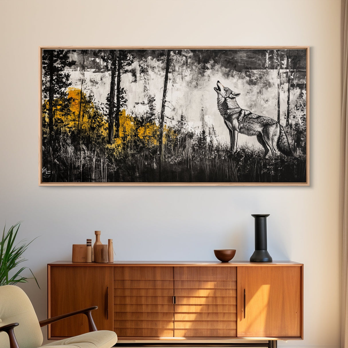 Howling Wolf, moody art, pine tree art, rustic wall art, forest at dusk painting, extra wide art, framed canvas print, southwestern art