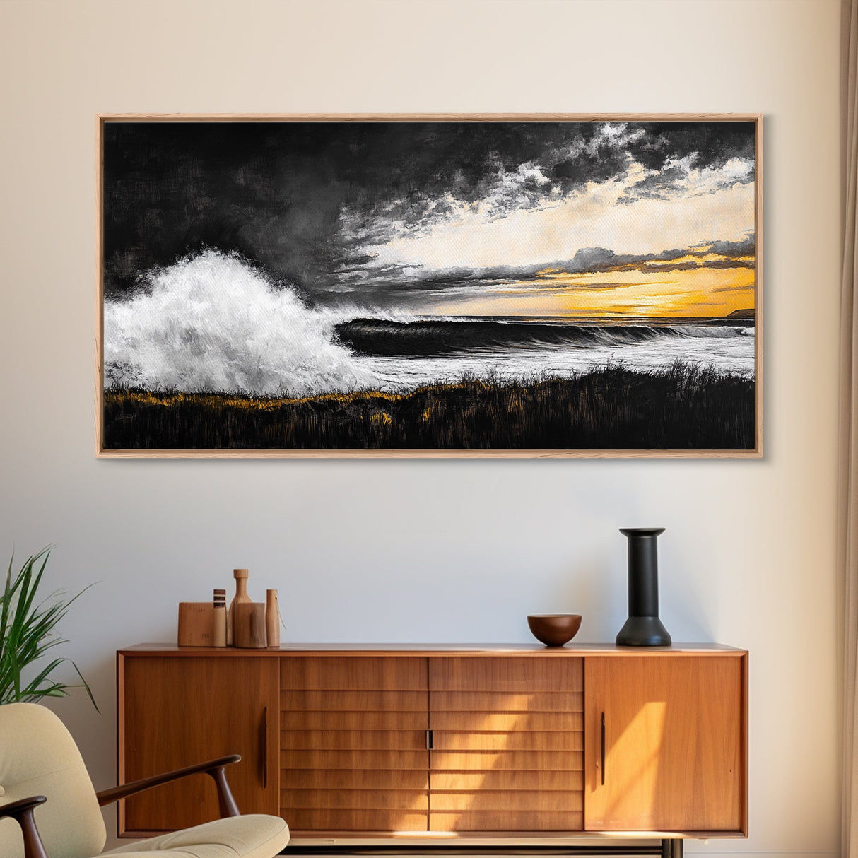 Ocean Waves, coastal wall art, nautical painting, seascape painting, moody art, extra wide art, framed canvas print, panoramic painting