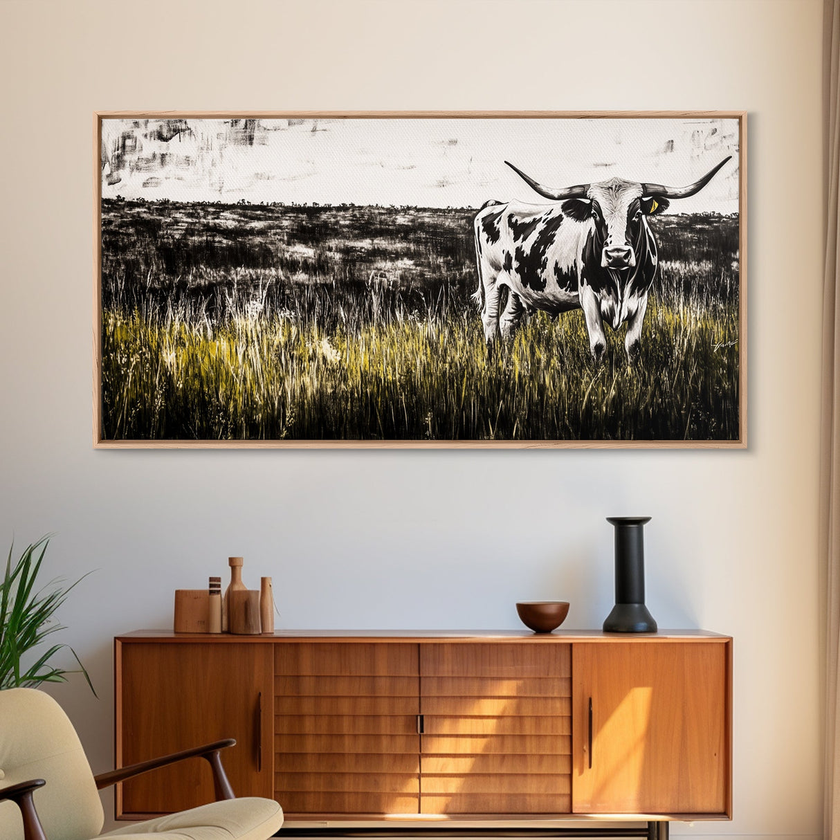 Longhorn Cattle, rustic wall art, farmhouse art, black cowgirl painting, extra wide art, framed canvas print, panoramic painting