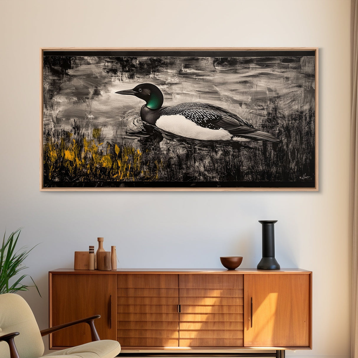 Loon Water Bird, Black and White Painting, Rustic Wildlife Art, Nature Wall Art, Lake House Decor, Framed Canvas Print, Extra Wide Art