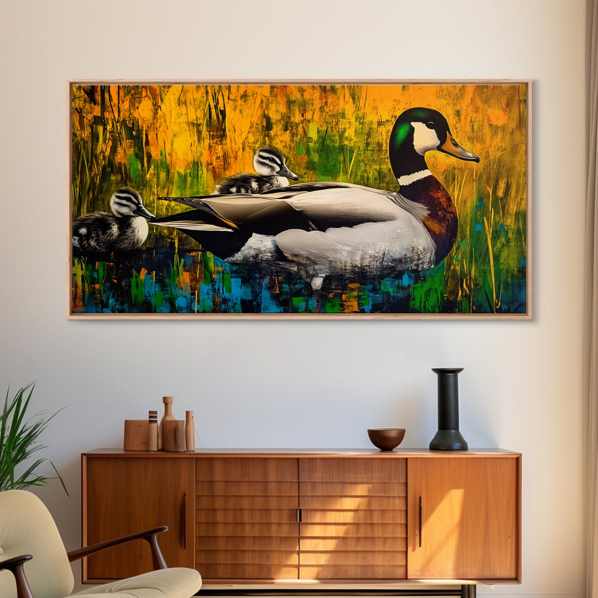 Mallard Duck Painting, Colorful Wildlife Art, Nature Lover Gift, Whimsical Wall Art, Framed Canvas Print, Rustic Home Decor, Bird Art