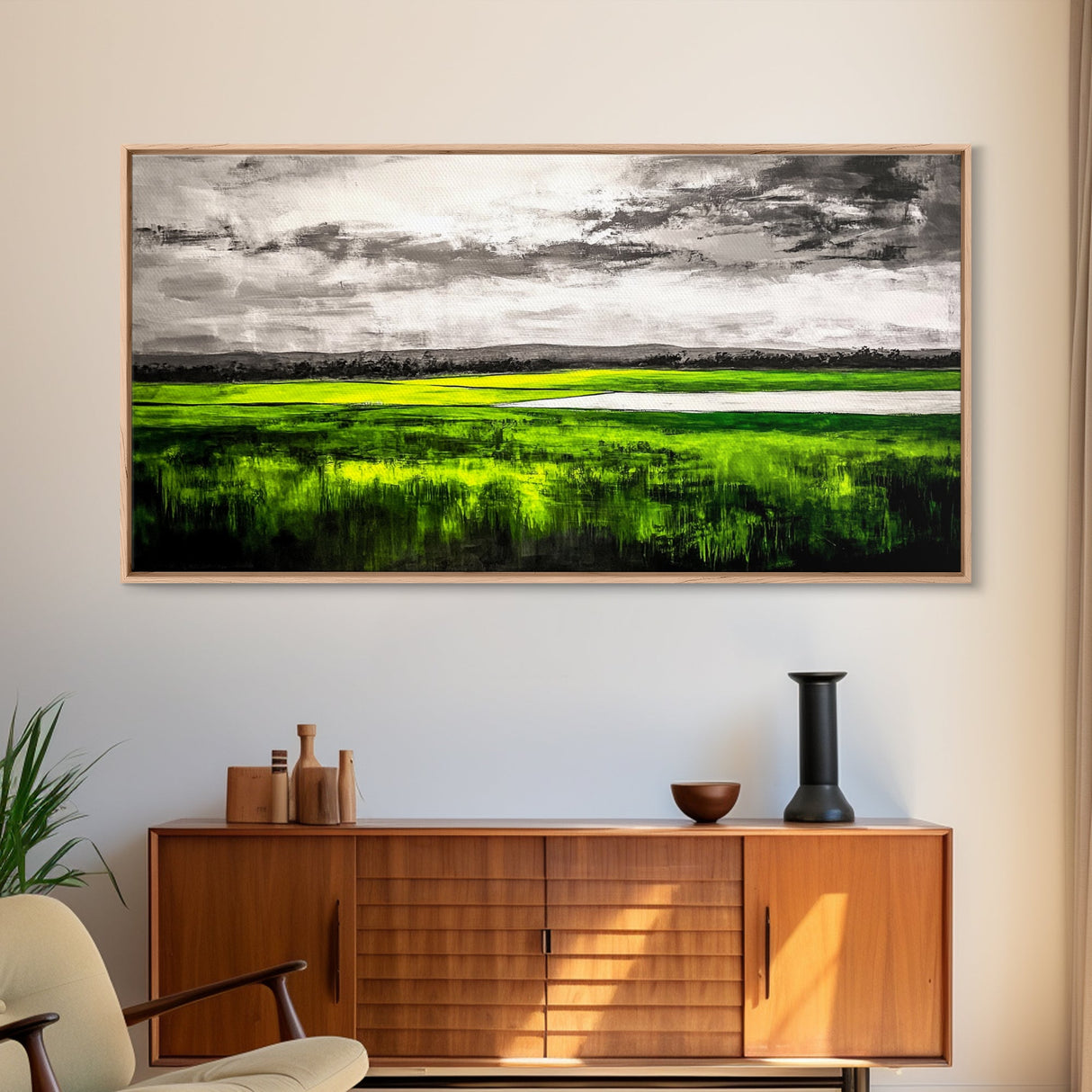 Marsh Landscape Painting, Green Wall Art, Nature Artwork, Panoramic Art, Extra Wide Art, Framed Canvas Print, Rustic Home Decor