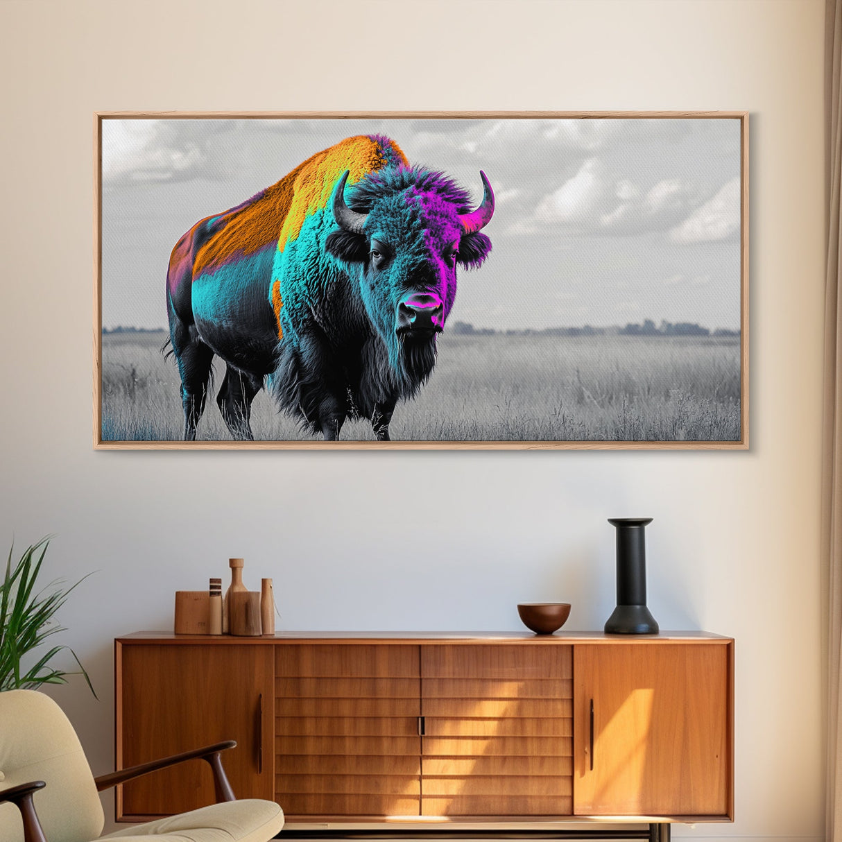 Neon Buffalo Portrait Canvas Print | Western Wall Art | Afrocentric Art | Moody Art | Rustic Decor | Southwest Art | Extra Wide Art.