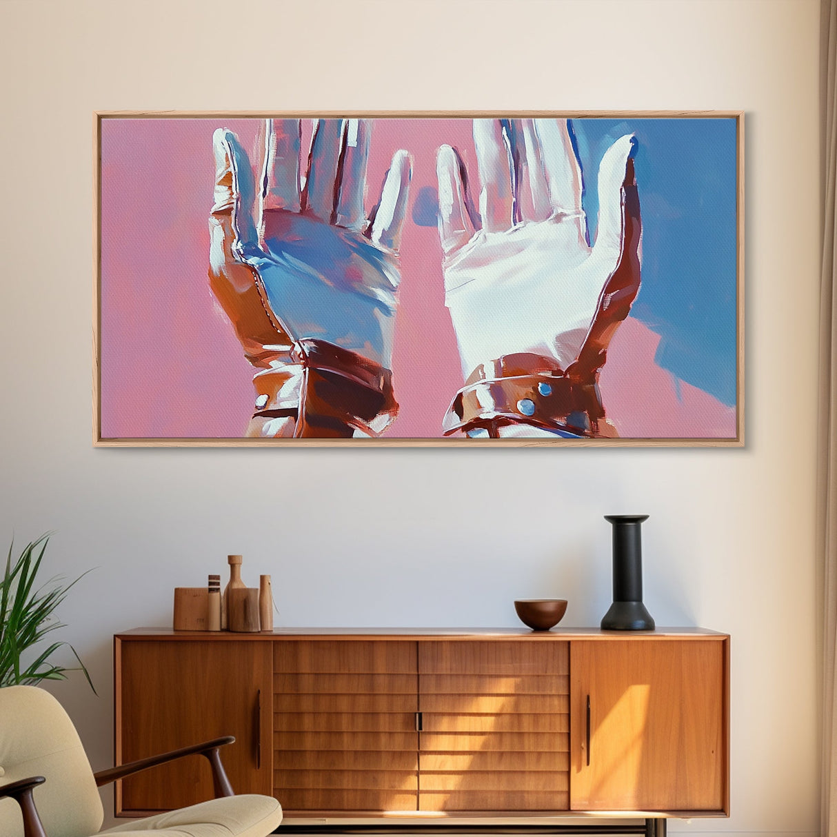 Hands Abstract Art, Pop Art Painting, Whimsical Art, Pink and Blue Wall Art, Modern Decor, Framed Canvas Print, Unique Gift Idea