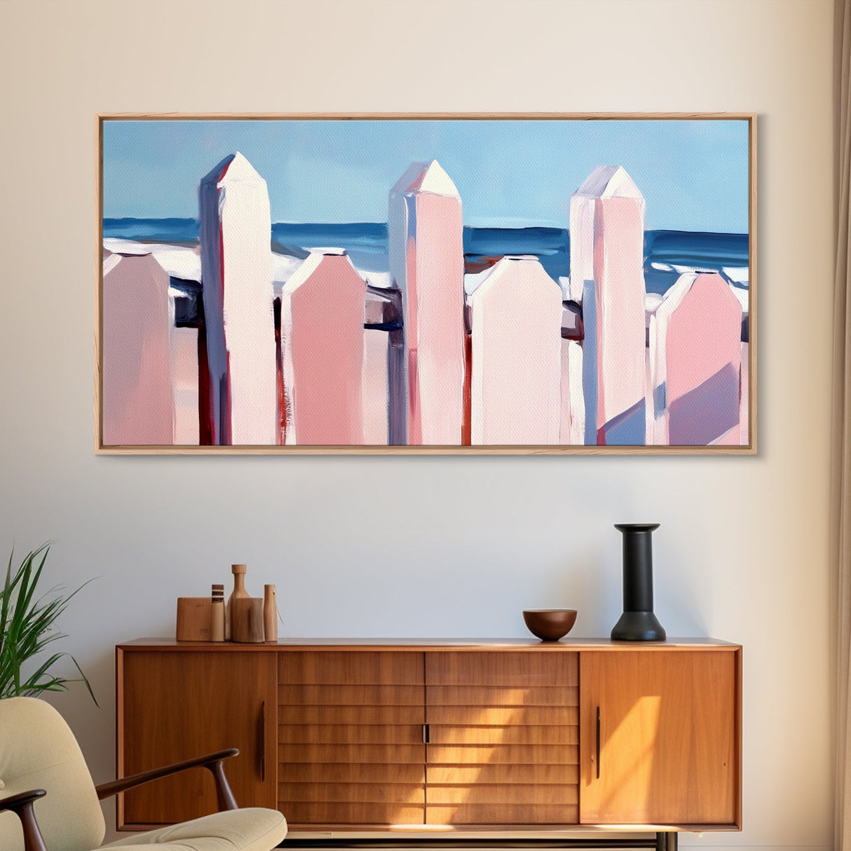 Beach Fence Painting, Coastal Landscape Art, Nautical Wall Decor, Soft Pastel Colors, Framed Canvas Print, Extra Wide Art, Seaside Home