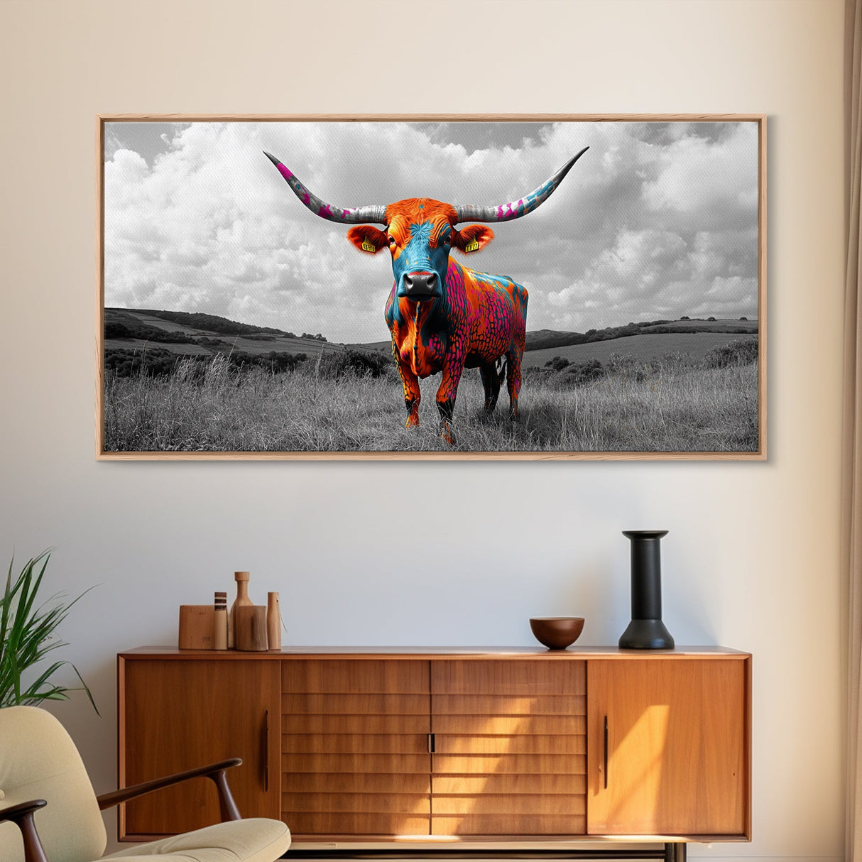 Psychedelic Longhorn Art Framed Canvas Print Vibrant Whimsical Art Southwest Wall Art Gift Idea Above Bed Art Rustic Decor