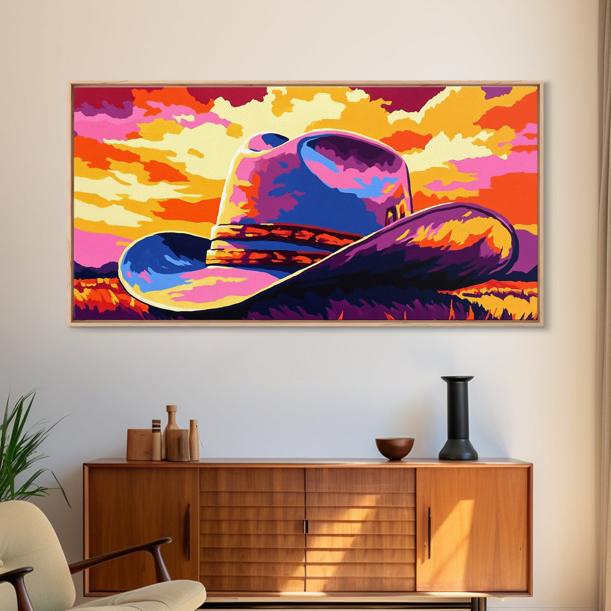 Cowboy hat, western decor, rustic style, bold colors, country aesthetic, southwest wall art, moody sunset, framed canvas print