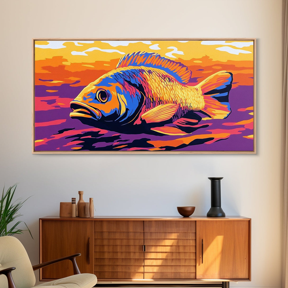 Vibrant Fish, Fly Fishing Art, Rustic Decor, Extra Wide Art, Nautical Wall Art, Framed Canvas Print, Gift Idea, Panoramic Art, Lake Tahoe Art