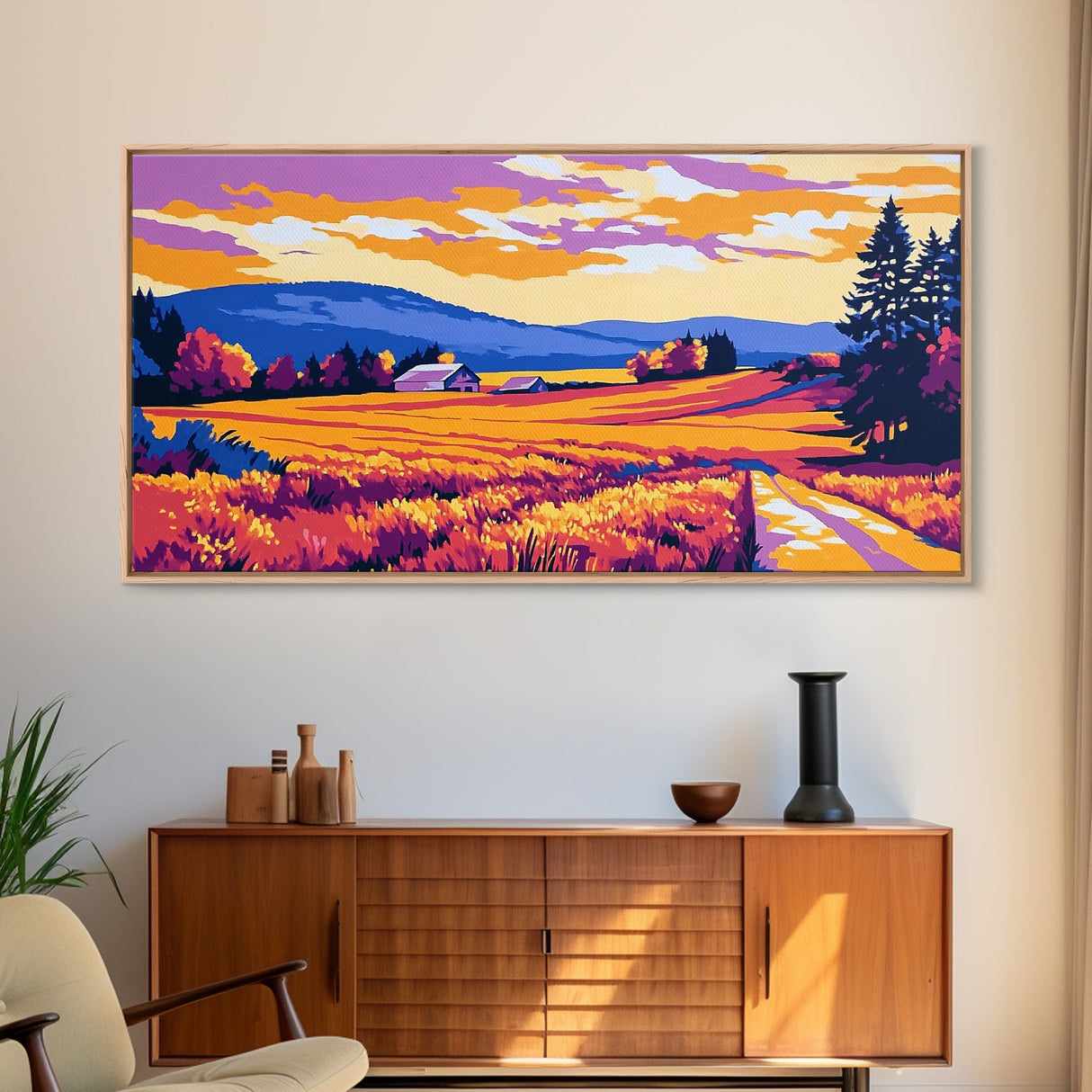 Mountain Landscape Art, pink orange wall art, sunset painting, extra wide art, panoramic art, landscape painting, canvas print