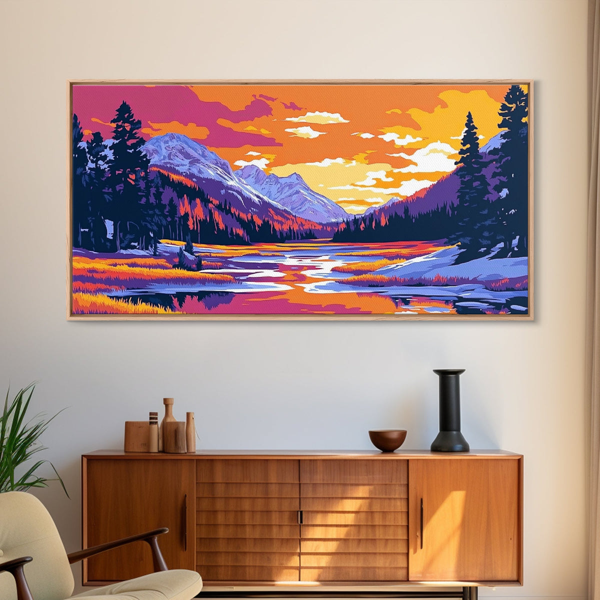 Lake Tahoe Art, mountain painting, scenic sunset print, southwest wall art, panoramic art, extra wide art, framed canvas print