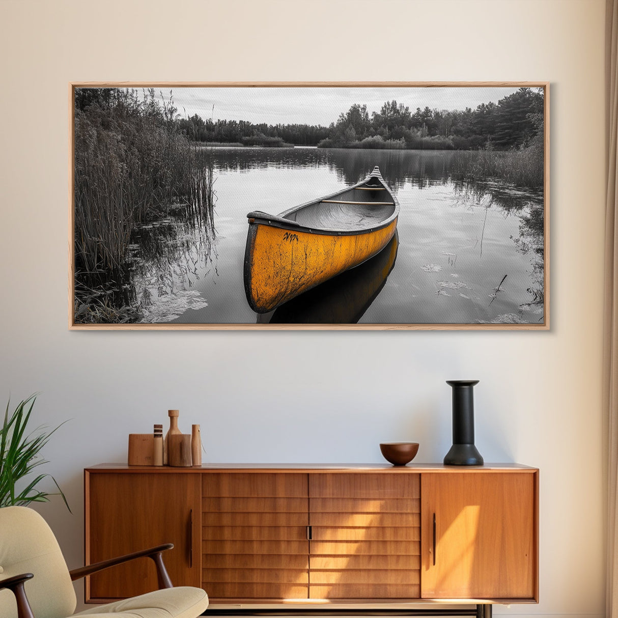 Rustic Canoe on Lake, coastal landscape art, lake Tahoe art, wabi sabi wall art, extra wide art, nautical decor, rustic art, Framed Canvas Print