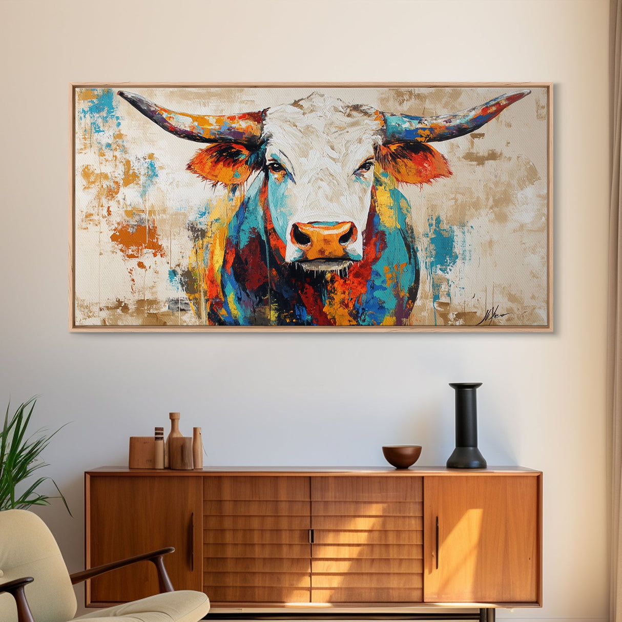 Vibrant Bull Art, rustic decor, extra wide art, farmhouse art, bold color wall art, southwestern painting, framed canvas print, modern rustic art