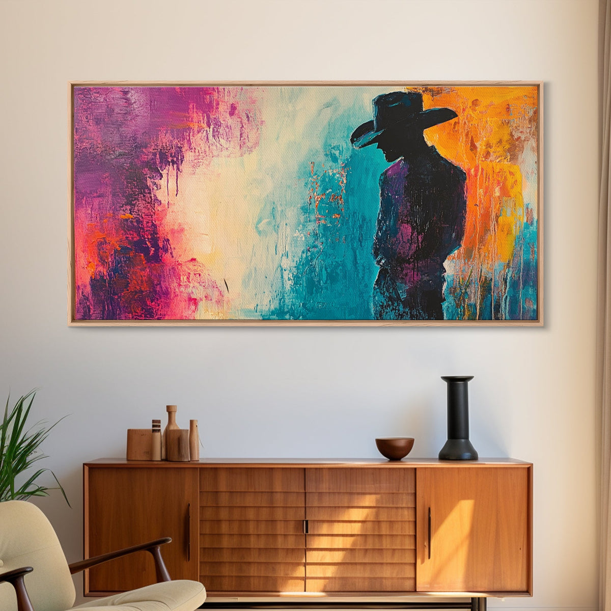 Silhouette Cowboy Art, rustic wall art, western painting, moody art, cowboy painting, extra wide art, farmhouse decor, canvas print, gift idea