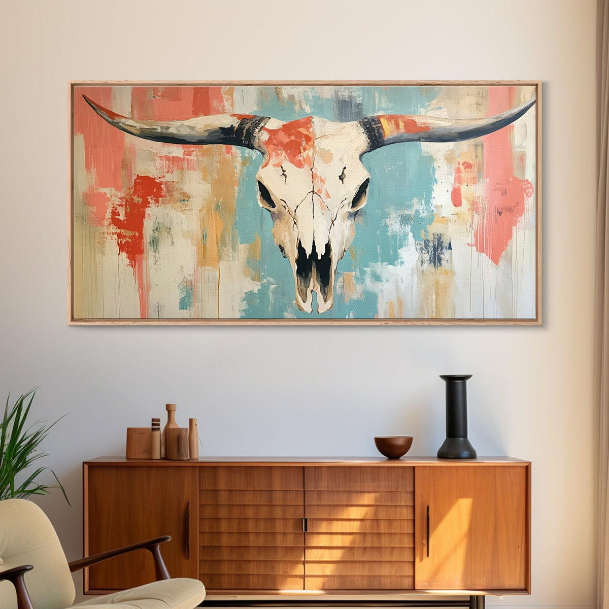 Longhorn Skull Art, southwest wall art, boho art, rustic decor, skull art, extra wide art, wabi sabi art, framed canvas print, farmhouse art