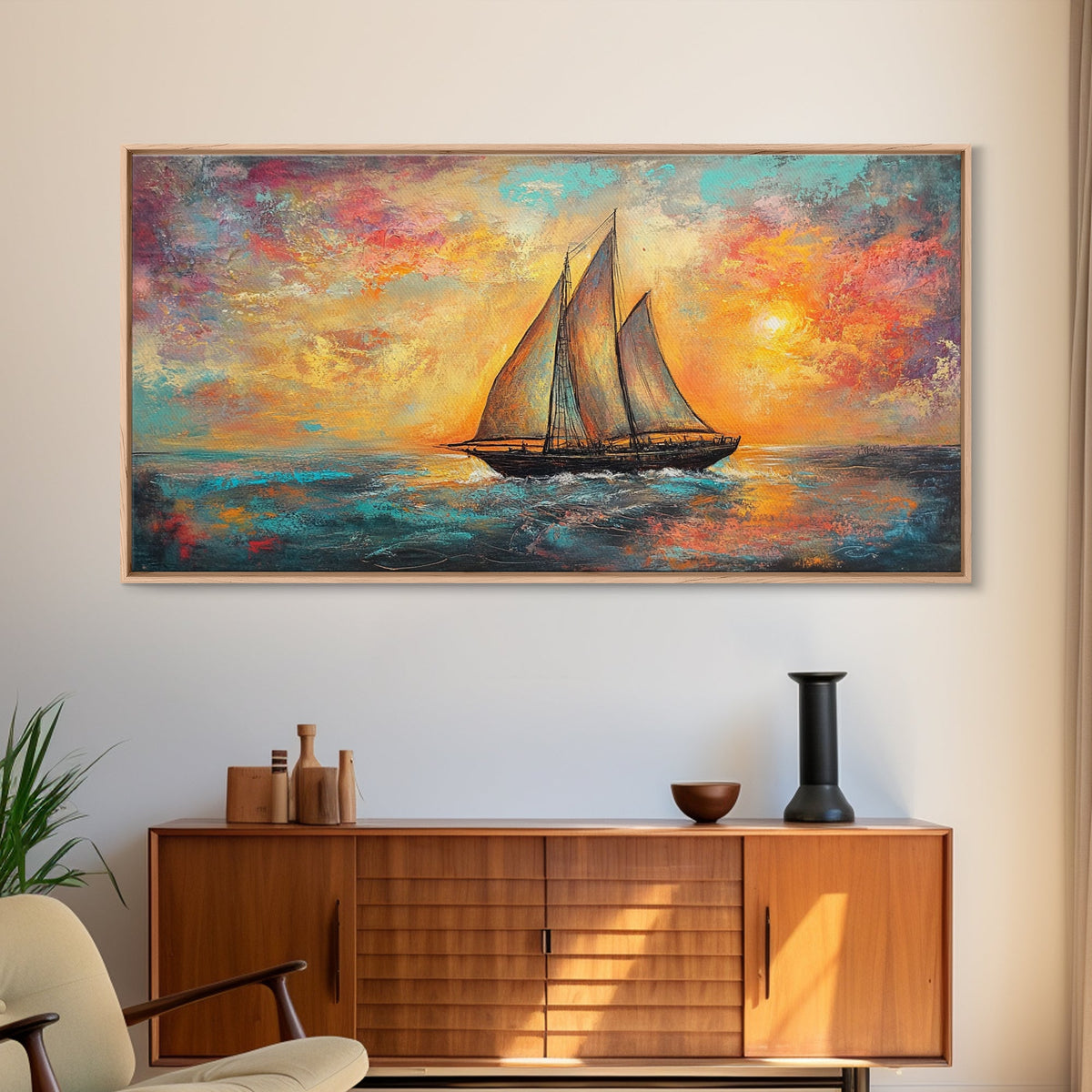 Sailboat at Sunset, nautical painting, coastal decor, seascape painting, beach house art, extra wide art, oil painting, canvas print