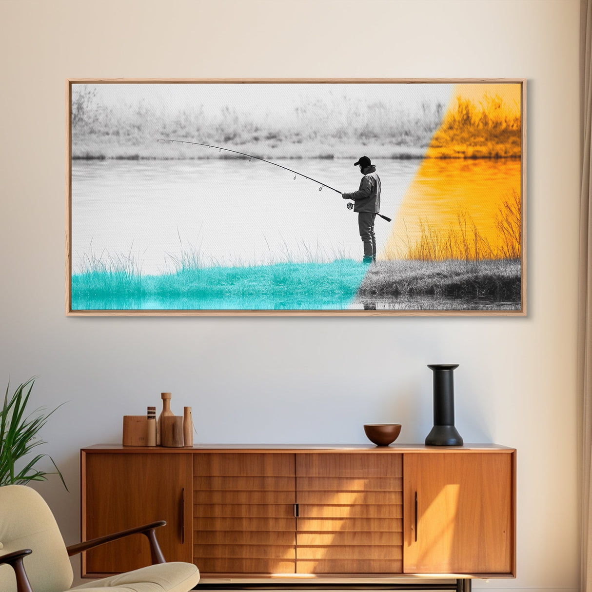 Fisherman at Twilight, fly fishing art, fisherman painting, moody art, nature wall art, rustic decor, panoramic painting, Canvas Print