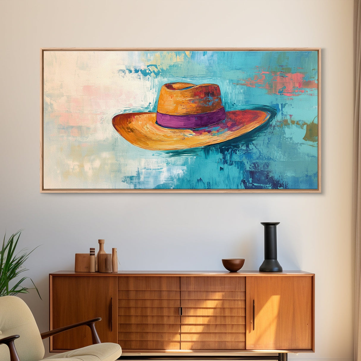 Western Hat, Boho Art, Rustic Wall Art, Southwest Art, Moody Painting, Extra Wide Art, Minimalist Art, Framed Canvas Print
