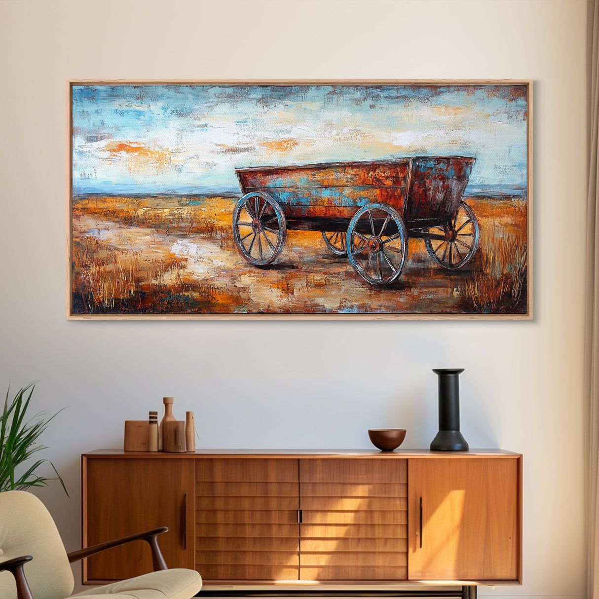 Rustic Wagon, Western Landscape, Farmhouse Art, Southwest Wall Art, Vintage Horse Art, Extra Wide Art, Horizontal Wall Art, Framed Canvas Print