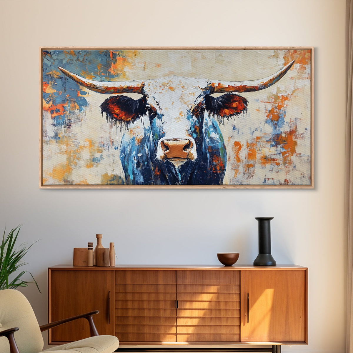 Longhorn Painting, Framed Canvas Print, Rustic Wall Art, Southwest Wall Art, Farmhouse Art, Extra Wide Art, Above Couch Art, Moody Art