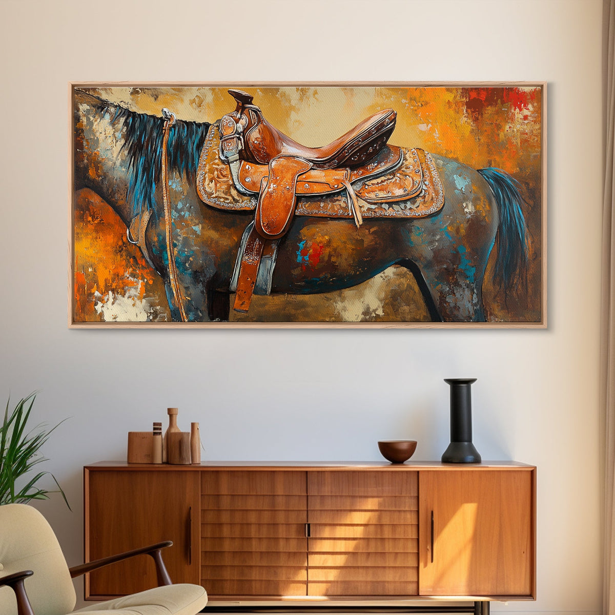 Western Saddle Art, Canvas Print, Rustic Decor, Moody Art, Southwest Wall Art, Extra Wide Art, Above Bed Wall Art, Farmhouse Wall Art